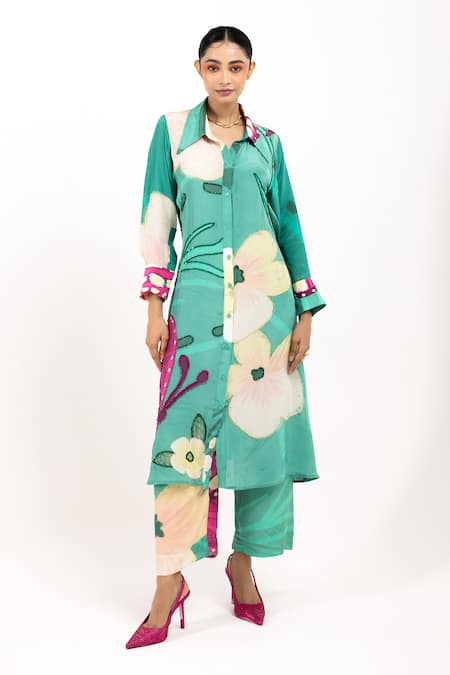 DAY AND MOOD Floral Print Collared Kurta & Pant Set 