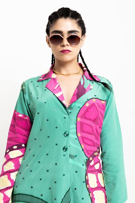 Day And Mood Green Crepe Embroidery Floral Printed Blazer Kurta And Pant Set Online at Aza Fashions Day And Mood_Green Crepe Embroidery Floral Printed Blazer Kurta And Pant Set _Online_at_Aza_Fashions