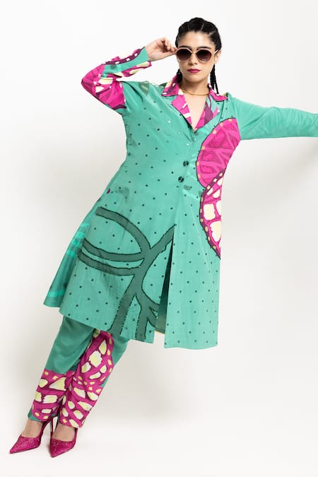 Shop Day And Mood Green Crepe Embroidery Floral Printed Blazer Kurta And Pant Set at Aza Fashions Shop_Day And Mood_Green Crepe Embroidery Floral Printed Blazer Kurta And Pant Set _at_Aza_Fashions