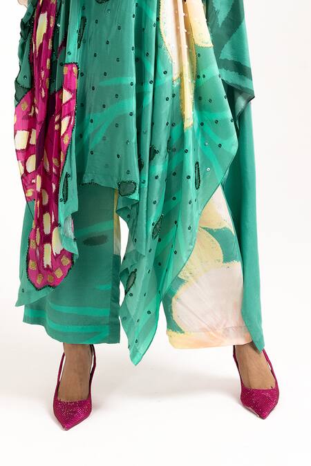 Day And Mood Green Crepe Sequins, Embroidery One Shoulder Floral Print Kaftan Kurta Set Online at Aza Fashions Day And Mood_Green Crepe Sequins, Embroidery One Shoulder Floral Print Kaftan Kurta Set _Online_at_Aza_Fashions