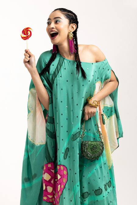 Buy Day And Mood Green Crepe Sequins, Embroidery One Shoulder Floral Print Kaftan Kurta Set Online at Aza Fashions Buy_Day And Mood_Green Crepe Sequins, Embroidery One Shoulder Floral Print Kaftan Kurta Set _Online_at_Aza_Fashions