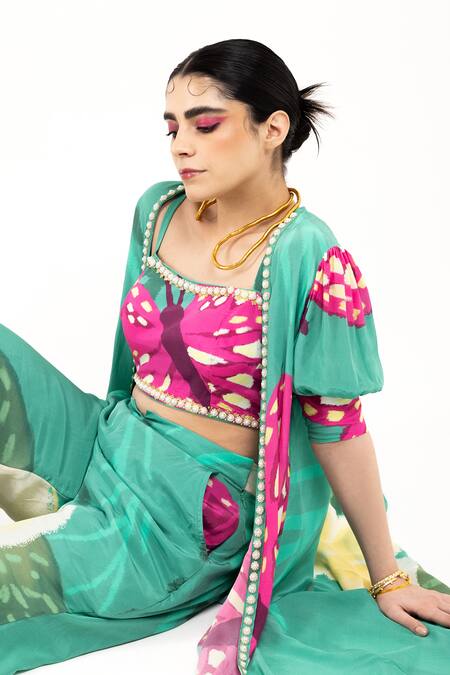 Buy Day And Mood Purple Crepe Cut Work, Sequins, Pearls Square Floral Print Jacket Pant Set Online at Aza Fashions Buy_Day And Mood_Purple Crepe Cut Work, Sequins, Pearls Square Floral Print Jacket Pant Set _Online_at_Aza_Fashions