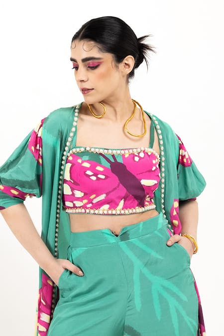 Shop Day And Mood Purple Crepe Cut Work, Sequins, Pearls Square Floral Print Jacket Pant Set at Aza Fashions Shop_Day And Mood_Purple Crepe Cut Work, Sequins, Pearls Square Floral Print Jacket Pant Set _at_Aza_Fashions