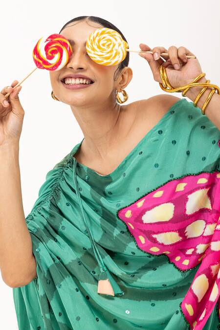 Day And Mood Green Crepe Embroidery Crew Neck Floral Printed Cowl Gown Online at Aza Fashions Day And Mood_Green Crepe Embroidery Crew Neck Floral Printed Cowl Gown _Online_at_Aza_Fashions