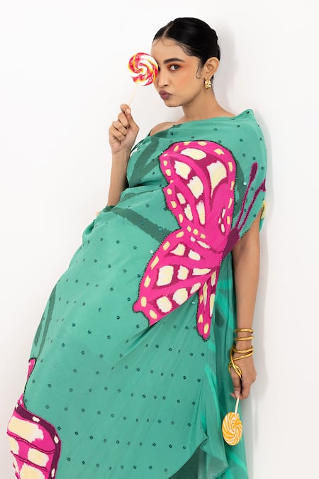 Shop Day And Mood Green Crepe Embroidery Crew Neck Floral Printed Cowl Gown at Aza Fashions Shop_Day And Mood_Green Crepe Embroidery Crew Neck Floral Printed Cowl Gown _at_Aza_Fashions