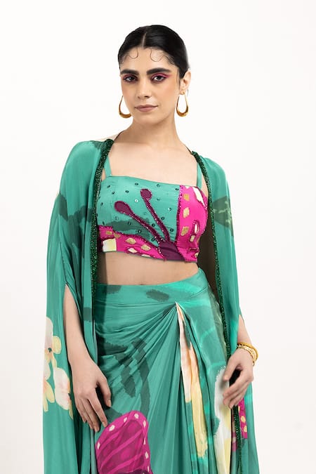 Day And Mood_Green Crepe Embroidery, Sequins, Cut Work Floral Print Kaftan Cape Skirt Set _Online_at_Aza_Fashions