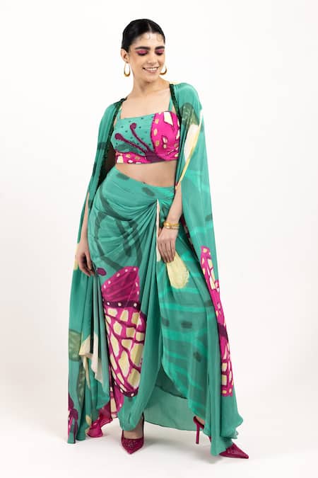 Shop_Day And Mood_Green Crepe Embroidery, Sequins, Cut Work Floral Print Kaftan Cape Skirt Set _at_Aza_Fashions