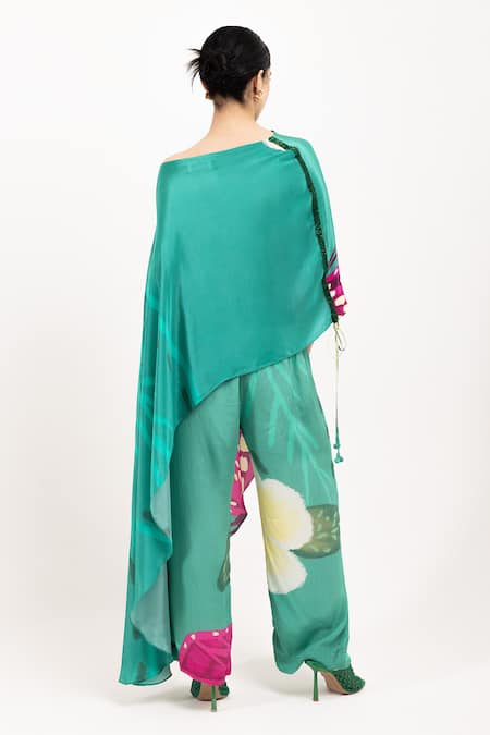 Shop Day And Mood Green Crepe Asymmetric Floral Printed Top And Pant Set at Aza Fashions Shop_Day And Mood_Green Crepe Asymmetric Floral Printed Top And Pant Set _at_Aza_Fashions