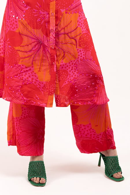 Buy Day And Mood Red Crepe Beads, Embroidery Collared Floral Printed Kurta Set Online at Aza Fashions Buy_Day And Mood_Red Crepe Beads, Embroidery Collared Floral Printed Kurta Set _Online_at_Aza_Fashions