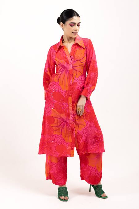 Shop Day And Mood Red Crepe Beads, Embroidery Collared Floral Printed Kurta Set Online at Aza Fashions Shop_Day And Mood_Red Crepe Beads, Embroidery Collared Floral Printed Kurta Set _Online_at_Aza_Fashions