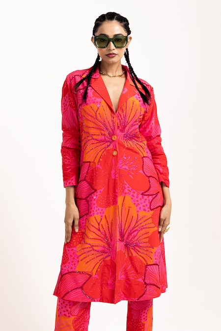 Day And Mood_Red Crepe Beads Collared Floral Printed Blazer Kurta And Pant Set _Online_at_Aza_Fashions