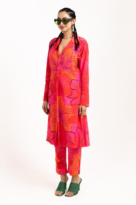 Buy_Day And Mood_Red Crepe Beads Collared Floral Printed Blazer Kurta And Pant Set _Online_at_Aza_Fashions