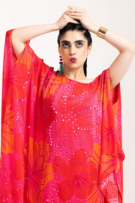 Day And Mood_Red Crepe Sequins, Embroidery Asymmetric Floral Print Kaftan Kurta Set _Online_at_Aza_Fashions