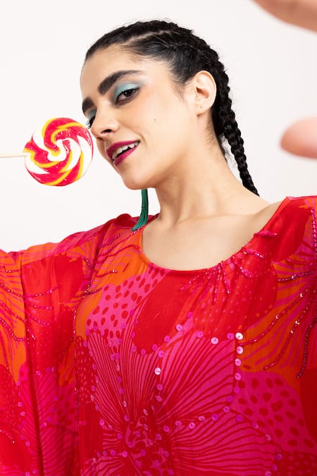 Buy_Day And Mood_Red Crepe Sequins, Embroidery Asymmetric Floral Print Kaftan Kurta Set _Online_at_Aza_Fashions