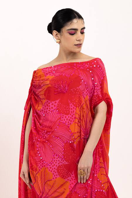 Day And Mood_Red Crepe Sequins Open Neck Floral Print Draped Gown _Online_at_Aza_Fashions