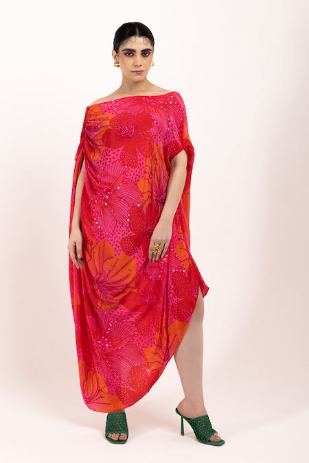 DAY AND MOOD Floral Print Draped Gown 