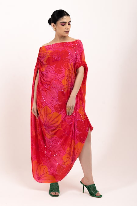 Day And Mood Floral Print Red Draped Gown 