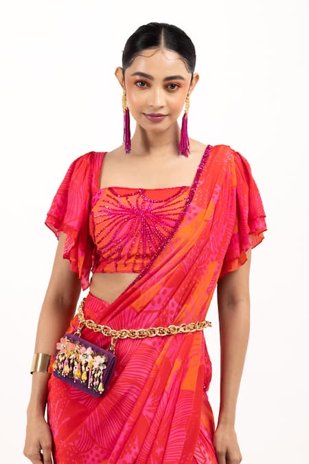 Day And Mood_Pink Crepe Sequins, Cut Work, Embroidery Square Floral Print Draped Saree Set _Online_at_Aza_Fashions
