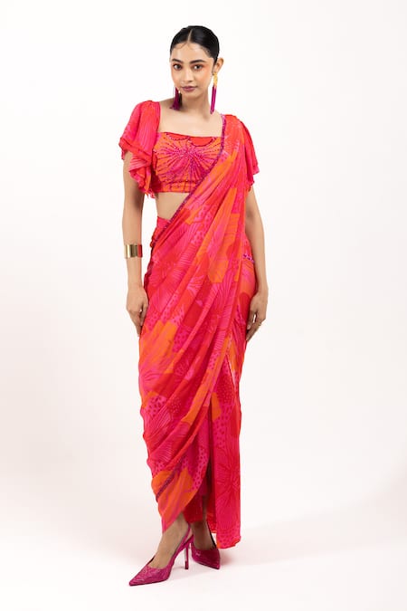 DAY AND MOOD Floral Print Draped Saree Set 