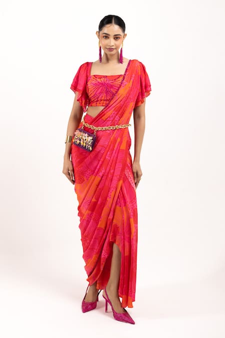 Day And Mood Floral Print Draped Saree Set 