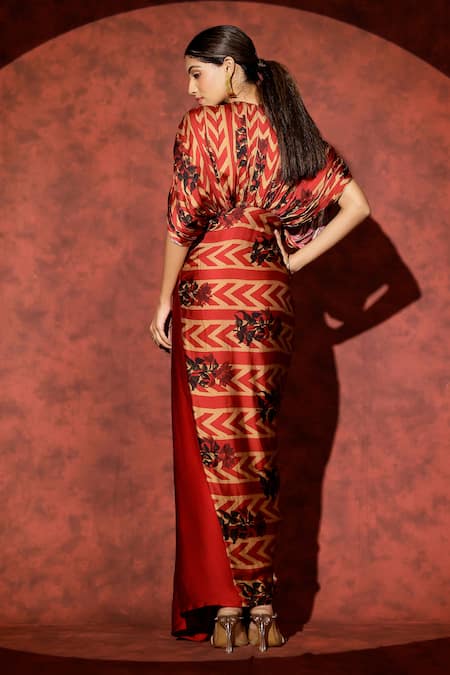 Studio Surbhi Red Abstract Printed Georgette Satin Kaftan 