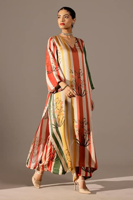 Buy_Studio Surbhi_Multi Color Georgette V-neck Multicolor Striped Floral Kurta Pant Set _Online_at_Aza_Fashions
