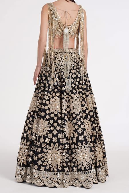 Shop Abhinav Mishra Gold Tulle, Silk Sequins, Mirrors, Ribbons, Fringe Embellished Blouse And Lehenga at Aza Fashions Shop_Abhinav Mishra_Gold Tulle, Silk Sequins, Mirrors, Ribbons, Fringe Embellished Blouse And Lehenga _at_Aza_Fashions