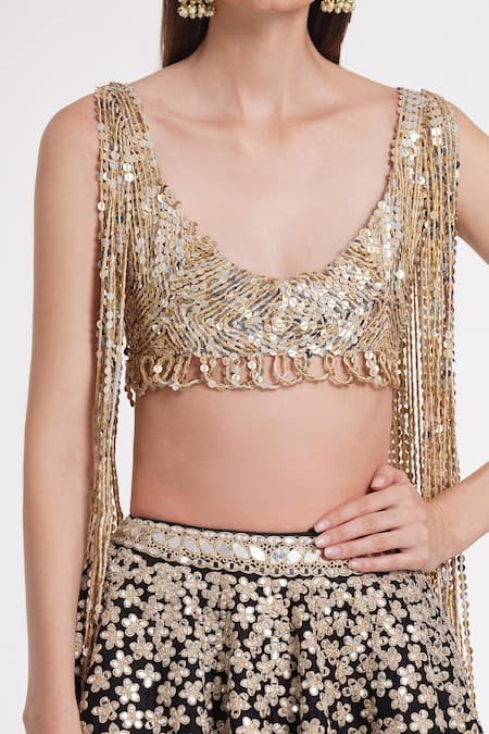 Shop Abhinav Mishra Gold Tulle, Silk Sequins, Mirrors, Ribbons, Fringe Embellished Blouse And Lehenga Online at Aza Fashions Shop_Abhinav Mishra_Gold Tulle, Silk Sequins, Mirrors, Ribbons, Fringe Embellished Blouse And Lehenga _Online_at_Aza_Fashions