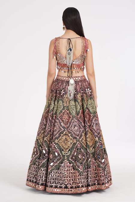 Shop Abhinav Mishra Black Silk, Tulle Sequins, Mirrors Geometric Bloom Embroidered Lehenga Set at Aza Fashions Shop_Abhinav Mishra_Black Silk, Tulle Sequins, Mirrors Geometric Bloom Embroidered Lehenga Set _at_Aza_Fashions