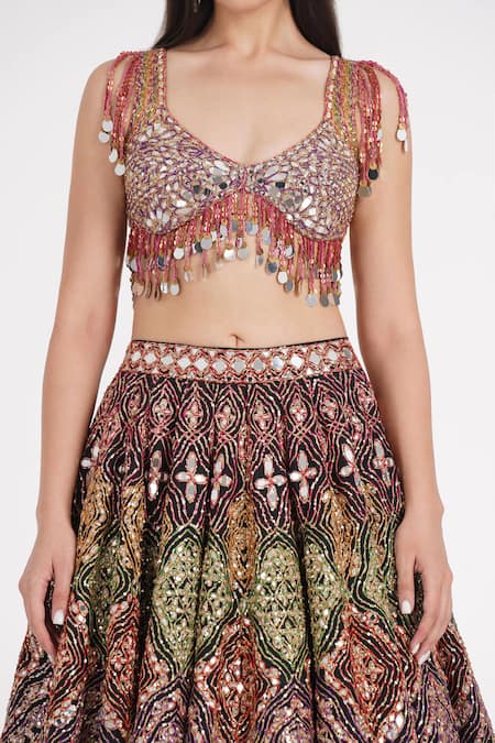 Buy Abhinav Mishra Black Silk, Tulle Sequins, Mirrors Geometric Bloom Embroidered Lehenga Set Buy_Abhinav Mishra_Black Silk, Tulle Sequins, Mirrors Geometric Bloom Embroidered Lehenga Set