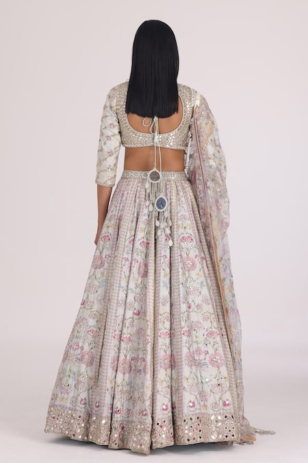 Shop Abhinav Mishra Gold Net, Chanderi Mirrors, Zari, Gota Gul Bloom Embroidered Bridal Lehenga Set at Aza Fashions Shop_Abhinav Mishra_Gold Net, Chanderi Mirrors, Zari, Gota Gul Bloom Embroidered Bridal Lehenga Set _at_Aza_Fashions