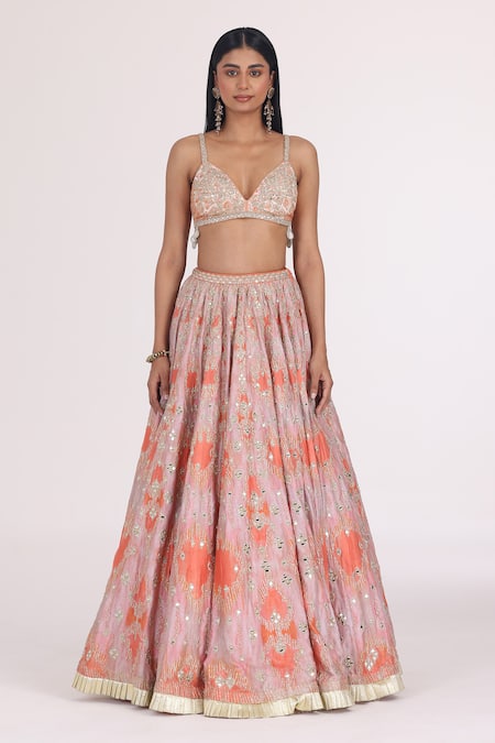 Abhinav Mishra_Peach Net, Chanderi Gota Patti, Mirrors, Zari, Lace, Bridal Lehenga Set _Online_at_Aza_Fashions