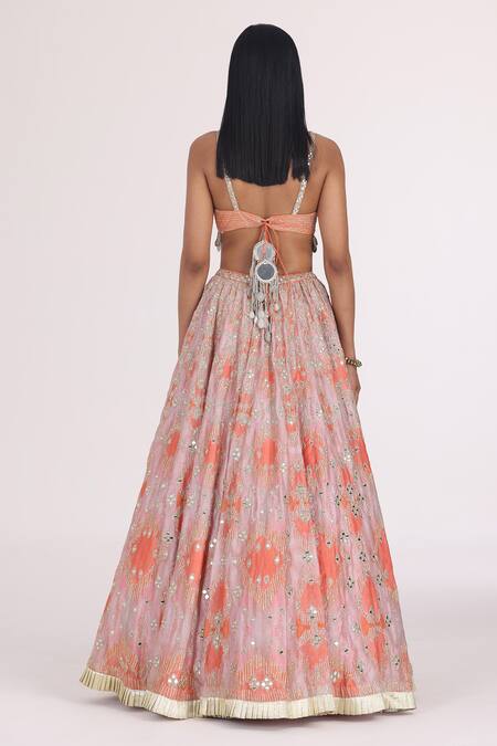 Buy_Abhinav Mishra_Peach Net, Chanderi Gota Patti, Mirrors, Zari, Lace, Bridal Lehenga Set _Online_at_Aza_Fashions