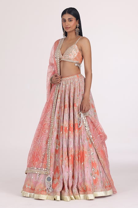 Shop_Abhinav Mishra_Peach Net, Chanderi Gota Patti, Mirrors, Zari, Lace, Bridal Lehenga Set _Online_at_Aza_Fashions