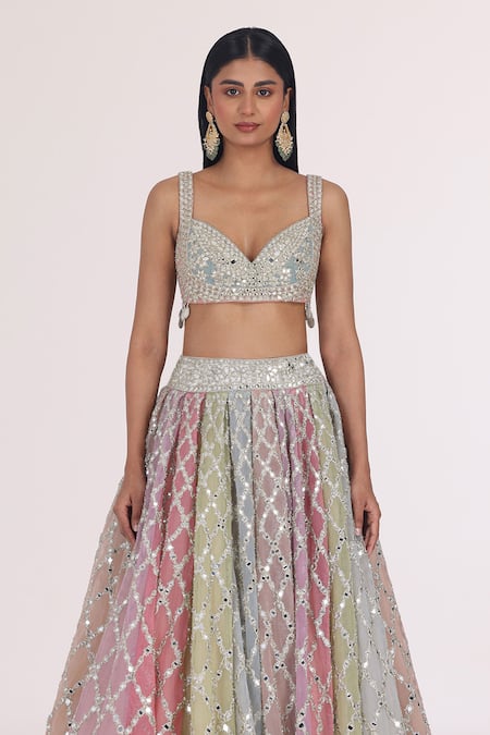 Abhinav Mishra_Multi Color Net Gota Patti, Mirrors, Zari, Gradient Jaal Lehenga Set _at_Aza_Fashions