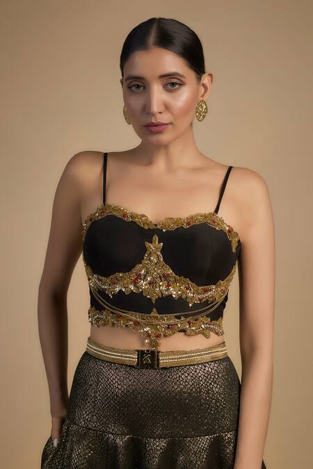 Buy_Rocky Star_Black Silk, Polyester Sequins, Beads, Gold Embroidered Corset And Lehenga Set _Online_at_Aza_Fashions