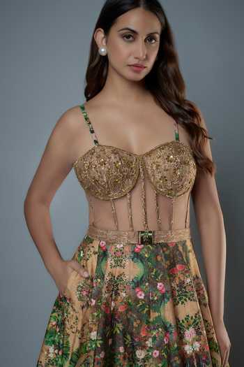 Rocky Star_Beige Silk Sequins, Beads Sweetheart Neck Botanical Print Tiered Ruffle Gown _Online_at_Aza_Fashions