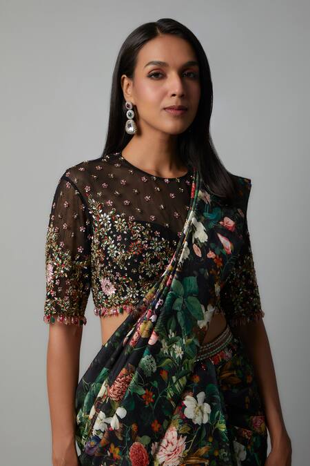 Rocky Star Black Net, Silk Embroidery Round Neck Midnight Garden Print Ruffle Saree Set Online at Aza Fashions Rocky Star_Black Net, Silk Embroidery Round Neck Midnight Garden Print Ruffle Saree Set _Online_at_Aza_Fashions