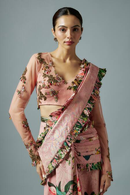 Rocky Star_Pink Silk, Net Sequins, Applique, Gardenia Print Pre-draped Saree And Blouse _Online_at_Aza_Fashions