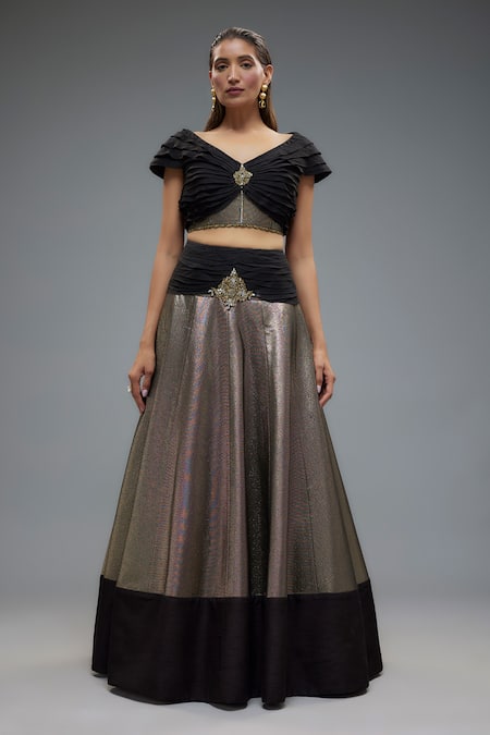 Rocky Star Bloom Patch Embellished Ruffled Blouse With Lehenga 