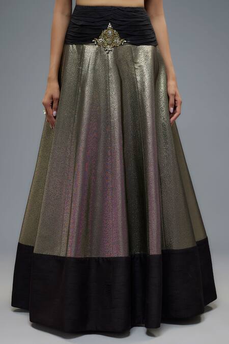 Rocky Star_Black Silk Patchwork V-neck Bloom Embellished Ruffled Set _Online_at_Aza_Fashions