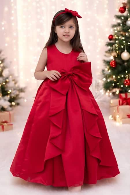 Fayon Kids X AZA_Red Satin Bows Detailed Gown _Online_at_Aza_Fashions