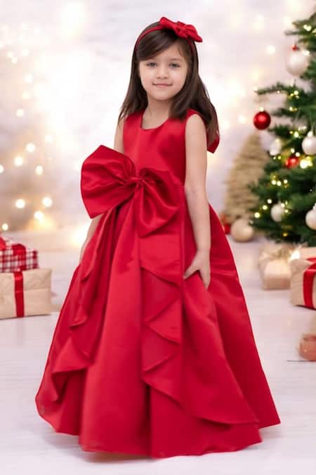 Buy_Fayon Kids X AZA_Red Satin Bows Detailed Gown _Online_at_Aza_Fashions