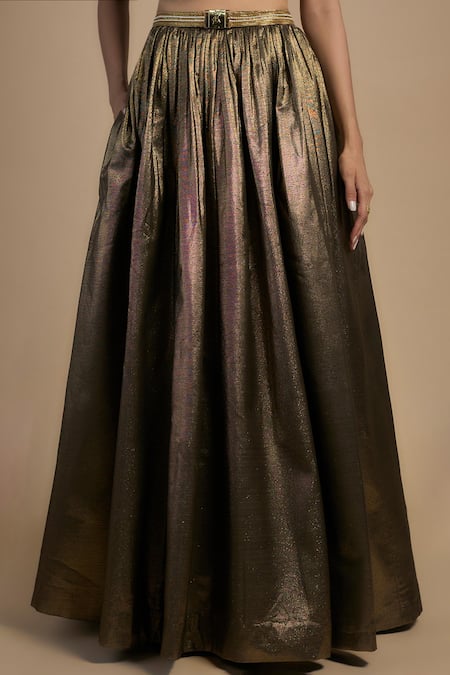 Rocky Star_Gold Silk, Polyester Beads, Sequins Shimmer Embellished Lehenga And Corset Set _Online_at_Aza_Fashions