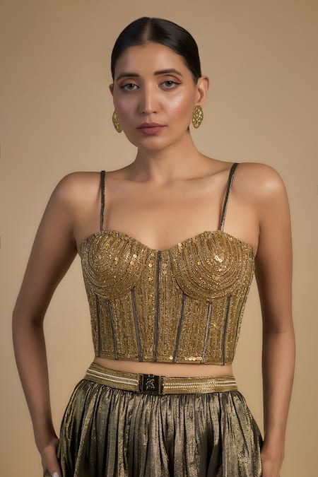 Buy_Rocky Star_Gold Silk, Polyester Beads, Sequins Shimmer Embellished Lehenga And Corset Set _Online_at_Aza_Fashions