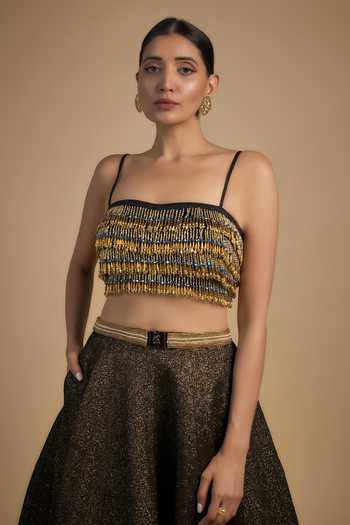 Buy_Rocky Star_Gold Silk, Polyester Beads Sweetheart Neck Embellished Lehenga Set _Online_at_Aza_Fashions