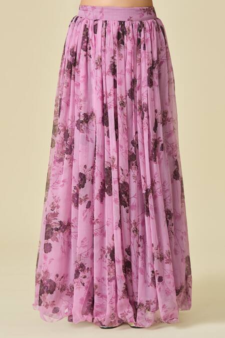 Naintara Bajaj_Purple Chiffon Zari, Embroidery V-neck Floral Print Lehenga Set _at_Aza_Fashions