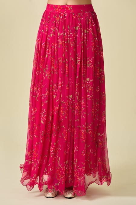 Buy_Naintara Bajaj_Pink Chiffon Embroidery Scoop Neck Floral Printed Lehenga Set 