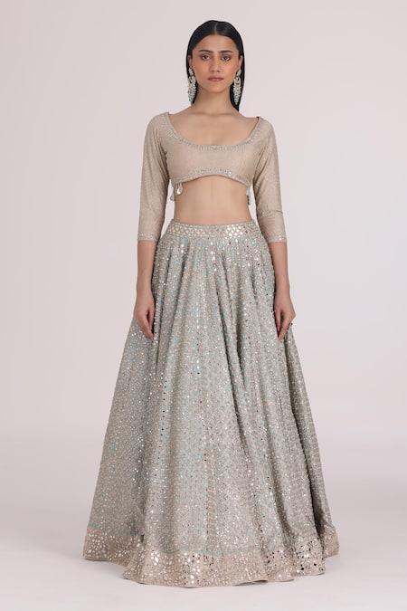 Buy Abhinav Mishra Beige Chanderi Gota Patti, Mirrors, Zari, Geometric Bloom Lehenga Set Buy_Abhinav Mishra_Beige Chanderi Gota Patti, Mirrors, Zari, Geometric Bloom Lehenga Set