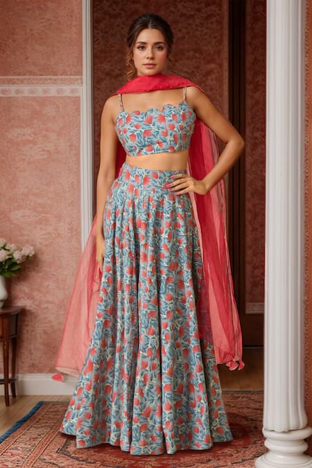 Samyukta Singhania Blue Blouse And Lehenga Chanderi Printed Floral Scallop Titanium Set 